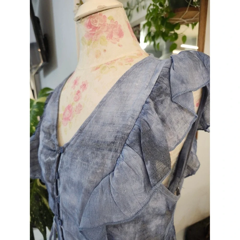 Women's Blue Button-Front‎ Midi Dress with Ruffle Sleeves